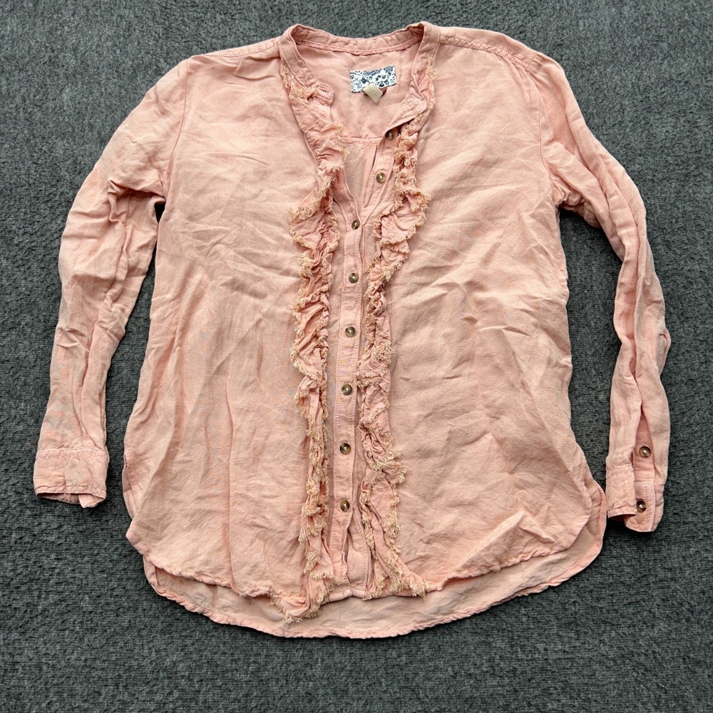 Pilcro Anthropologie Placket Linen Blend Ruffle Button Down Blouse Western Small